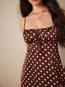 Poéselle Polka Dot Knot Front Split Thigh Cami Dress,Polka Dot Dress - Multicolor - View 5