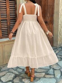 SHEIN Clasi Plus Size Jacquard Fabric Ruffle Stitching A-Line Solid Color Peasant Style Tie-Strap Dress, Beach Outfits - Apricot - View 2