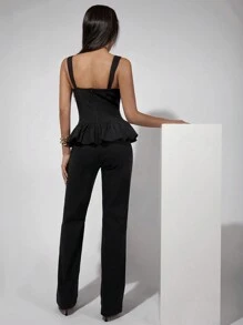 COSMINA Women's Elegant Black Ruffled Strap Jumpsuit, Spring/Summer - Black - View 2