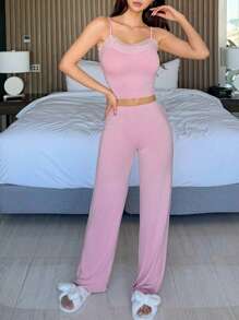 DAZY 纯色女士蕾丝拼接修身吊带背心和长裤家居服套装睡衣 - 粉色 - 查看 7