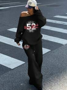 SHEIN Essnce 2 件套女士纽约 52 超大露肩宽松休闲字母图案运动衫和阔腿保暖内衬运动裤套装，适合秋冬季 - 黑色 - 查看 1