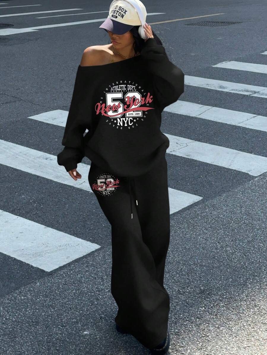 SHEIN Essnce 2 件套女士纽约 52 超大露肩宽松休闲字母图案运动衫和阔腿保暖内衬运动裤套装，适合秋冬季 - 黑色 - 查看 1