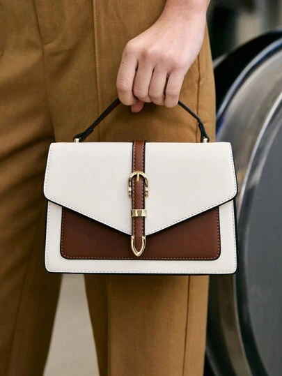 Belt Decorated Flap Handbag Crossbody Bag For Women, Color Block Winter Gifts
