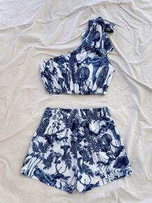 Soleia 2 件套女士植物印花无袖背心和短裤 - 藍白色 - 查看 2