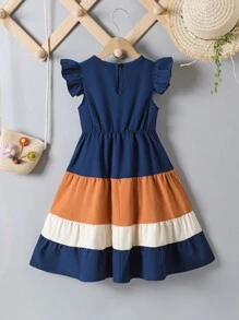 Young Girl Round Neck Cap Sleeve Colorblock Mid-Length Dress - Multicolor - View 2