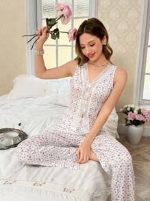 CottageSlumber INS 风格碎花蕾丝边女式睡衣套装