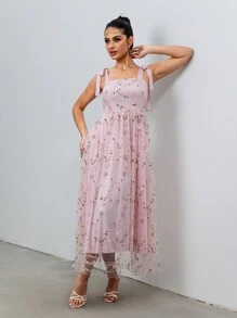 SHEIN Unity Women's Sleeveless Lace Embroidery Fitted Midi Dress, Spring/Summer - Pink - View 3