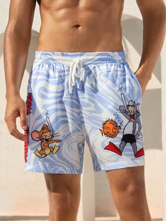 TOM & JERRY X SHEIN 1 Stück Herren Blaue und Weiße Sommer Urlaubs Cartoon Grafik Shorts mit Kordelzug Taille, Hawaii-Stil