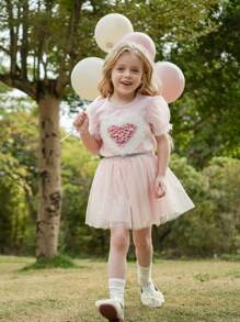 SHEIN Young Girls' Puff Sleeve Heart Decor Mesh Puff Sleeve Short Sleeve T-Shirt, Comfortable Round Neck, Cute & Fashionable, Spring & Summer