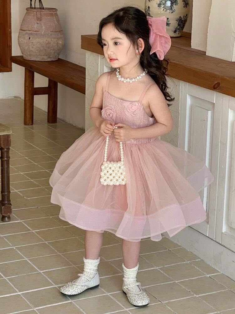 Young Girl 3D Floral Decor Mesh Strap Party Dress,Girls Summer Outfits