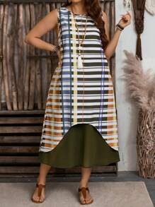 EMERY ROSE Plus Size Women Striped Round Neck Sleeveless Casual Dress - Multicolor - View 3