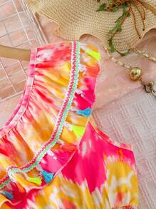 فستان عطلة البنات، فساتين رقمية حريرية مطبوعة بتصميم صباغة ربطة متغير خصر عالي مكشكش الحافة ومزين بشراريب ملونة، طراز جميل وحلو، مناسب للاستخدام اليومي وعطلات الصيف