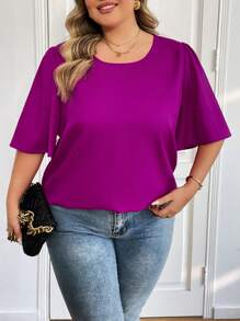 SHEIN CURVE+ Camisa de mujer de tallas grandes de cuello redondo y mangas acampanadas en unicolor
