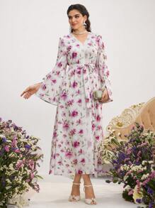 Al Najma 女士浪漫粉色花卉印花撞色蕾丝长袖喇叭袖阿拉伯传统连衣裙春季情人节花卉连衣裙女士、卡夫坦和贾拉比亚 - 珊瑚粉 - 查看 2