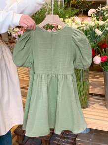 LMoss Kids LMoss Young Girl Woven Solid Color Round Neck Ruffled Hem Fitted Dress - Green - View 5