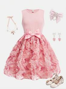 SHEIN Tween Girl Elegant Minimalist Jacquard Textured Fabric A-Line Dress With 3D Bow Decor, Suitable For Summer And Spring Wear, Good For Outings, Dates And Vacation - Pink - View 2