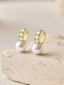 2pcs Silver Plated Pearl Earrings Women Fashion Zirconia Hoop Earrings Bridal Wedding Party Jewelry Gift For Girlfriend Wife BBF Valentine's Day Gift