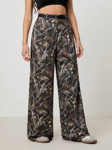 SHEIN Tall Y2K 复古街头时尚枯树迷彩印花女式阔腿裤（配腰带） - 軍綠色 - 查看 5