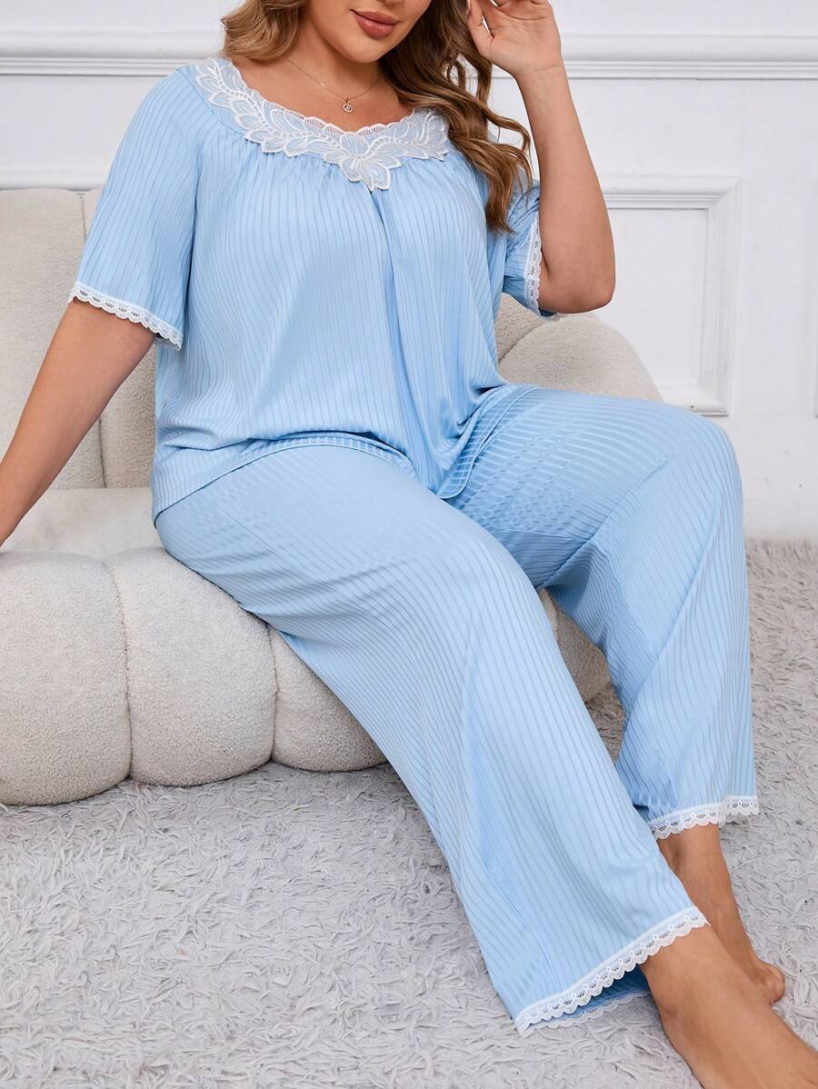 Plus Size Women Lace Patchwork Simple Pajama Set