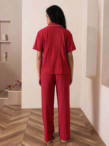 Conjunto de pijama con camisa y pantalones de bloqueo de color con adorno de lazo