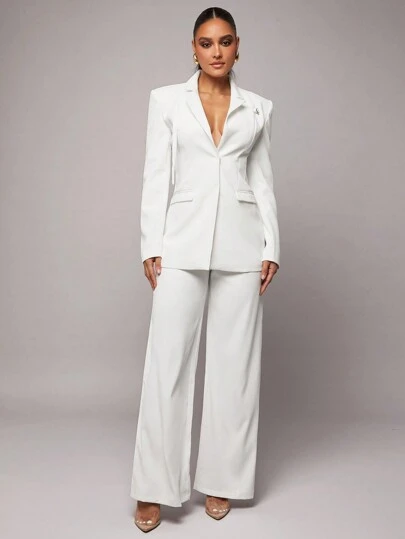 Silquee 女士优雅通勤系列女士秋装纯色黑色西装合身设计高级西装外套+简约宽裤套装，感恩节，圣诞节，除夕装