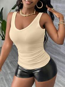 Slaydiva Plus Size Women Basic Racerback Tank Top With Deep V-Neck And Narrow Ribbed Knit, Beige, Suitable For Summer - Apricot - View 5