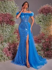 Glamrae Váy Maxi đuôi cá xẻ tà 3D thêu hoa sequin sang trọng thanh lịch, phù hợp cho đám cưới, tiệc tùng, hẹn hò, vũ hội, tiệc chiêu đãi, váy dự tiệc cưới, váy trang trọng, váy dạ hội - Màu xanh bụi bặm - Xem 5