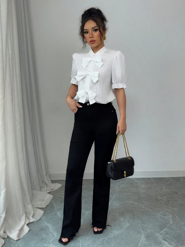 Selianne Fashion Versatile Stand Collar Bow Decor Bubble Sleeve Textured Fabric Women Shirt - White - View 6