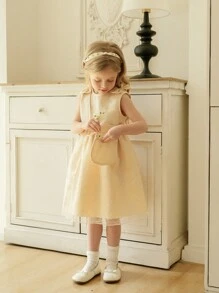 Fetă tânără Rochie A-Line Fără mâneci cu fundă 3D, elegantă, de culoare solidă