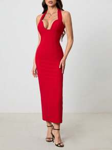 SHEIN Tall Ui Cut-Out Neck Line Long Bodycon Dress For Women - Red - View 6