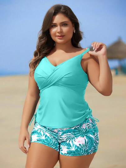 Swim Lushoire Plus Size Women High Waisted Floral Print Shorts With Adjustable Straps Top Tankini Set, Modest & Slimming Design For Summer Beach Vacation
