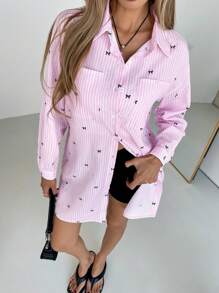 SHEIN Essnce Áo cánh đơn giản kẻ sọc nơ cho nữ - Hồng - Xem 4