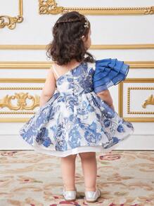 SHEIN Babygirl 花卉荷叶边下摆优雅连衣裙，夏季 - 藍色 - 查看 2