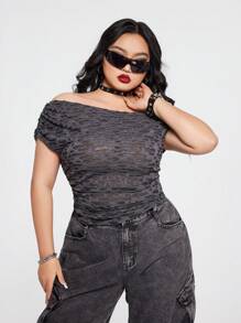 SHEIN ICON Plus Size Punk Style Oblique Shoulder Burnout T-Shirt, Minimalist Fashion Casual Everyday Wear