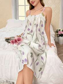 CottageSlumber Romantic Countryside Tulips Design Contrast Color Sleeveless Women Nightgown - White - View 4