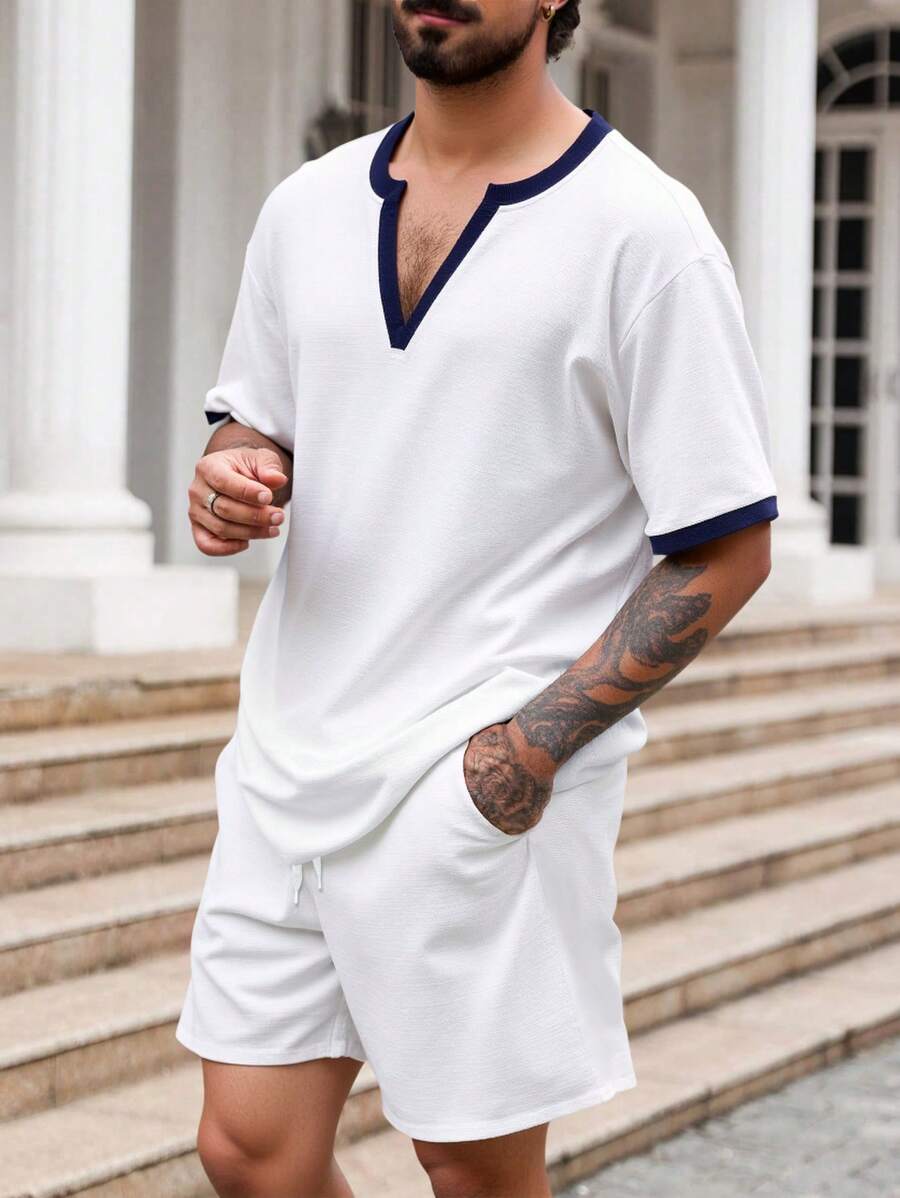 Manfinity Homme Plus Size Men 2pcs Set: Color Block V-Neck Short Sleeve T-Shirt And Drawstring Waist Shorts - White - View 1