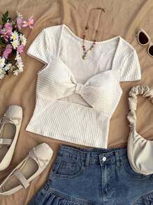 Soleia Women's Beige Knitted Textured Chest Ruched Front Hollow-Out Slim Fit Short Sleeve T-Shirt, Suitable For Party, Date, Afternoon Tea