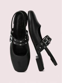 CUCCOO DOLLMOD Women's Black Square Toe Flat Sandals, Bowknot Ankle Strap Design, Vacation & Casual Style - Black - View 2