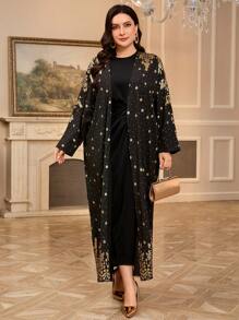 Al Najma Plus Size Women Arabic Foil Floral Print Long Sleeve Abaya Dress & Gown Set - Purple - View 4