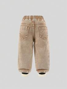 Denimly 男婴休闲都市街头时尚全年必备可爱小狗印花卡其色牛仔锥形裤，配有松紧腰带 - 卡其色 - 查看 2