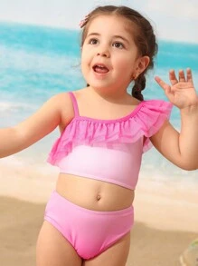Young Girl Solid Color Patchwork Minimalist Bikini Top And Bottom Swimming Suit Set