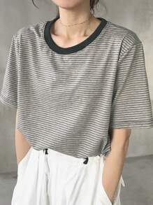 FRIFUL Maglietta a righe oversize da donna, collo tondo, stile basic, adatta all'estate