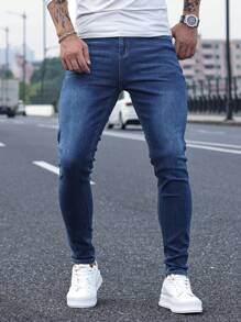 Manfinity Homme 大码男式口袋紧身休闲百搭牛仔裤 - 中等水洗藍 - 查看 4