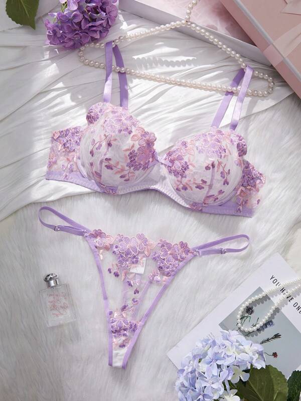 2pcs Plus Size Women Navy Blue Lingerie Set, Lift