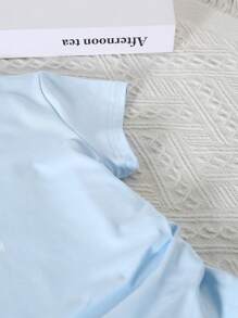 Tween Girl Casual Sweet Daily Crew Neck Short Sleeve Fitted Cropped Asymmetric Hem Bow Print Versatile T-Shirt, Summer - Blue - View 5