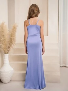 Tween Girls Elegant Fashion Sleeveless High Waist Solid Color Slim Fit Split Hem Summer Party Dress, Suitable For Parties, Weddings, Graduation
