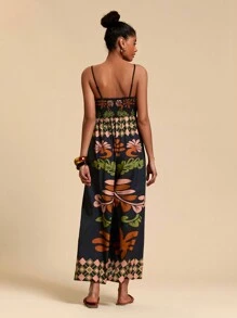 Travachic Vacation Casual Printed Spaghetti Strap Jumpsuit - Black - View 2