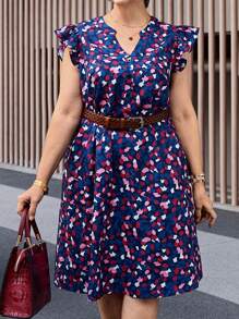 Miaspire Vestido de manga corta de escote en V con estampado completo para mujer de tallas grandes