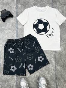 SHEIN Tween Boy Casual Minimalist Football Graphic Round Neck Short Sleeve Top And Shorts 2pcs Sleepwear Set, Loose Fit & Flame Retardant