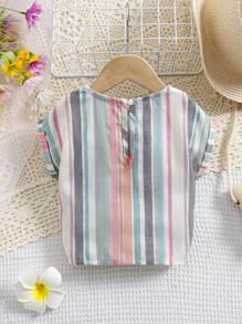 SHEIN Leap Crew Baby Girl Cute Colorful Striped Short Sleeve Top, Versatile For Summer - Multicolor - View 2